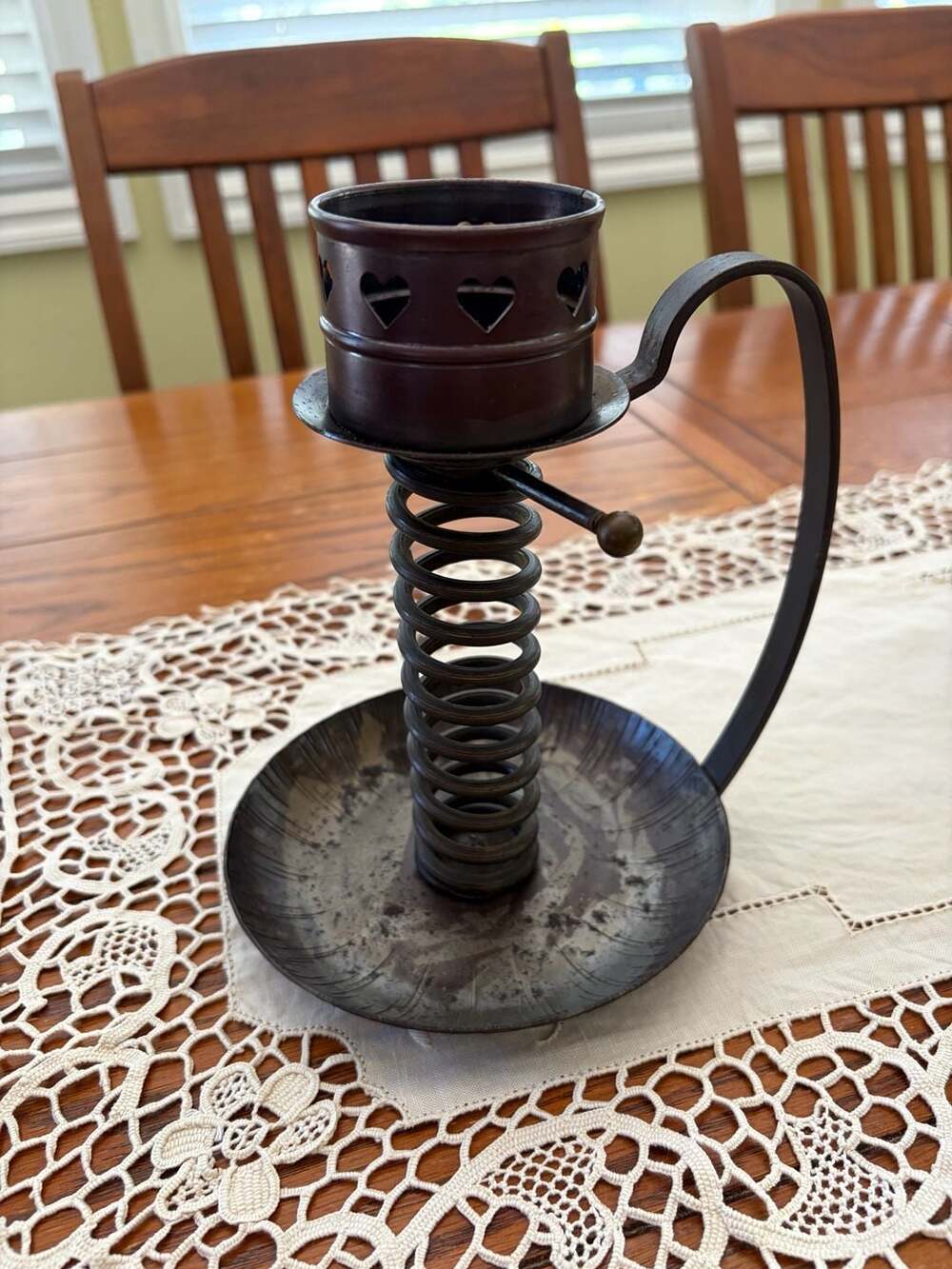 VTG Primitive Wrought Iron Spiral Candle Holder Heart Detail Rustic Farmhouse